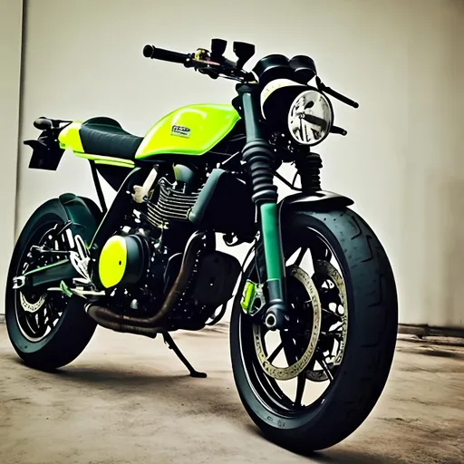 Prompt: Black Cafe racer bike full color realistic simple draw ergonomic geometrical perfect bright full green yellow lig strobes x hiper real shine 