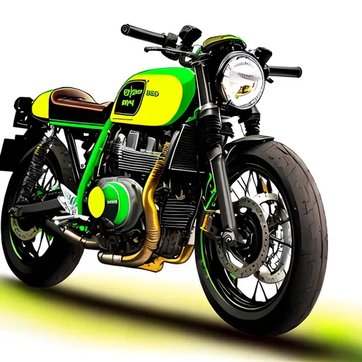 Prompt: Cafe racer bike full color realistic simple draw ergonomic geometrical perfect bright full green yellow lig strobes x hiper real shine 