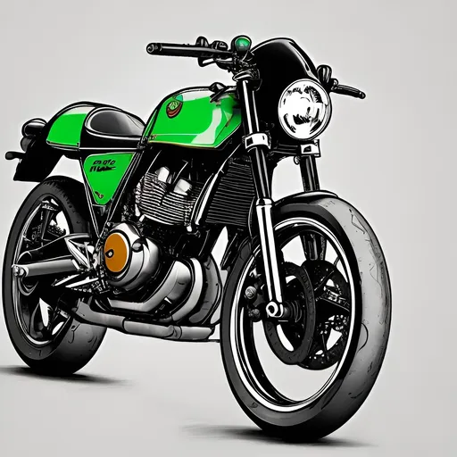 Prompt: Cafe racer bike full color realistic simple draw ergonomic geometrical perfect bright full green yellow light