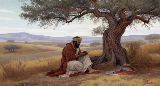 Prompt:  Kannst du mir ein Bild vom Prophet Elias aus 1 Könige 19,12 malen, wie er die leise Stimme Gottes unter dem Ginsterstrauch vernimmt? Elias hat einen kurzen, schwarzen Bart. Er ist bekleidet mit abgetragenem, lächerlichem, antiken Gewand, Barfuß. Und kannst du das Bild in der Situation darstellen, wie er ist, in Trauer und in Verzweiflung, aber doch in Hoffnung, in einer asketischen Landschaft des antiken Israel? Danke!

