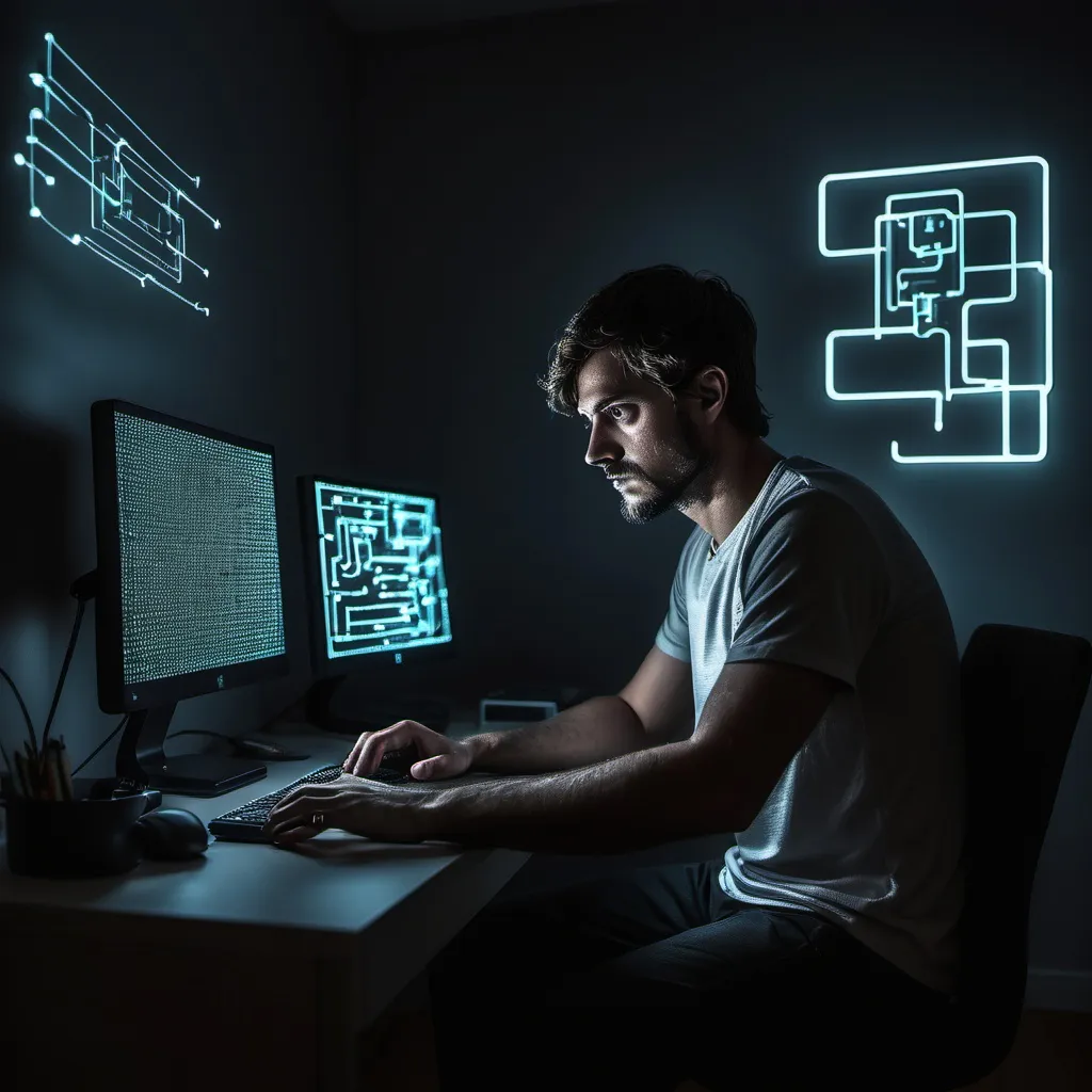 Prompt: Um homem solitário em um quarto escuro iluminado apenas pela tela do computador, cercado por códigos e circuitos tecnológicos. Ele está concentrado, com feições intensas, e parece envolvido em um projeto misterioso, em um ambiente um pouco bagunçado, com papéis e gadgets ao redor.