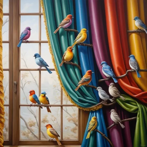 Prompt: create a fullscreen oil paint realistic picture of waving and curling drapes in different colours. the drapes are very transparant, the bothem of the picture is filled wit all kind of very small birds in different colours