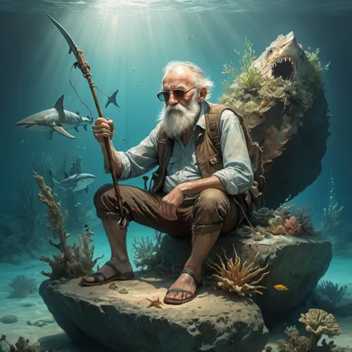 Prompt: Textured and airbrushed image of an old man with a very smal brown beard and short brown hair is sitting under water on a boulder. He has a harpoon in his hand. A shark with sunglasses is swimming around. On the background the exesses of shipwreck overgrown by many waterplants and coral. The water is very clear, sunbeams from the surface. In the style of Jean-Baptiste Monge, muted colors, shadows and contrast, Artgerm, Beksinski, very detailed, perfect lighting.