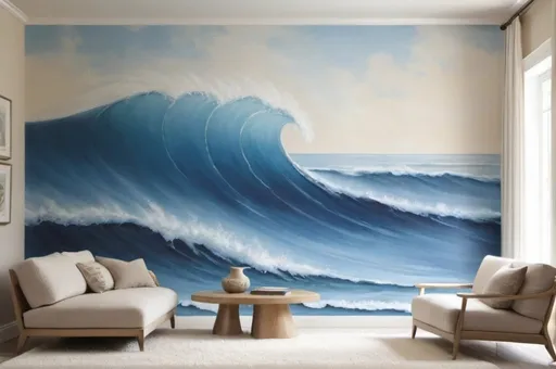 Prompt: In an empty living room, a wall is adorned with a beautiful mural depicting a vast ocean wave, painted in soothing shades of blue and cream. The room features a white carpeted floor, creating a serene and calming atmosphere.