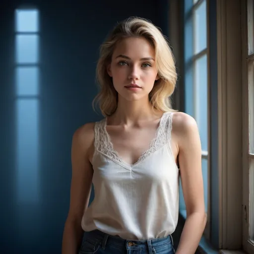 Prompt: A side-profile image of a young blonde female in a casual pose within an interior space lit by blue light creating a serene atmosphere. She looks at the camera. The subject is central in the composition, her delicate features cast in subtle shades due to the lighting. She has long, curley hair, indicative of a modern and carefree personality. She wears a transparent sleeveless tank top with lace detailing on the neckline, paired with simple, high-waisted denim pants, showcasing a relaxed yet thoughtful fashion sense. The lighting casts geometric shadows from an unseen window, suggesting an urban setting during a calm evening. Her expression is contemplative, with soft eyes and a relaxed jawline, possibly hinting at a quiet introspection or a moment of private triumph. The light accents the texture of her top and highlights her graceful neck line, adding depth to her profile. Her stance is casual yet poised, with one hand gently resting on her waist, indicating a comfortable ease with her surroundings. The background is a plain wall, with the interplay of light and shadow providing a minimalist but evocative backdrop.