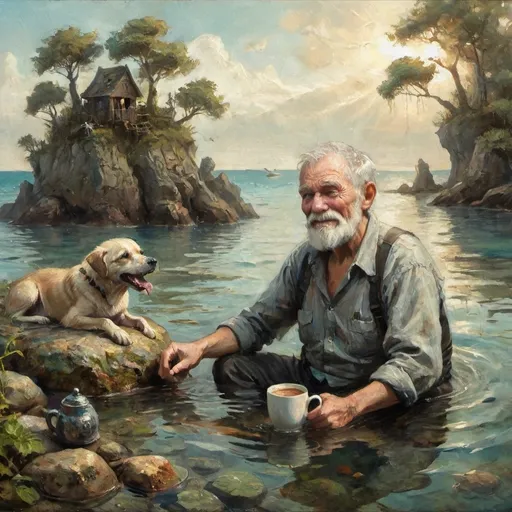 Prompt: Textured and airbrushed image of an old man with a very smal grey beard and short brown hair is sitting completely under the surface of th water on a boulder. A friendly young blond dog is sitting next to him. He has a large cup of coffee in his hand.  A laughing shark  is swimming around. On the background the exesses of shipwreck overgrown by many waterplants and coral. The water is very clear, sunbeams from the surface. In the style of Jean-Baptiste Monge, muted colors, shadows and contrast, Artgerm, Beksinski, very detailed, perfect lighting.