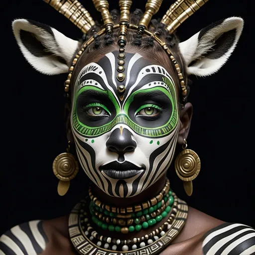 Prompt: A full, hyper-detailed, and cinematic portrait of a person with zebra-like black and white face and body paint. The intricate pattern covers the entire head, including the top and sides, extending across their torso. Their bright, glowing green eyes create an intense, otherworldly look. The person wears ornate tribal jewelry with beads in earth tones such as brown, gold, and black. Their posture is powerful and statuesque, with the background softly blurred to focus attention on the figure's intricate face paint and full head design. The lighting adds contrast to the black and white lines, enhancing the dramatic, mystical atmosphere.