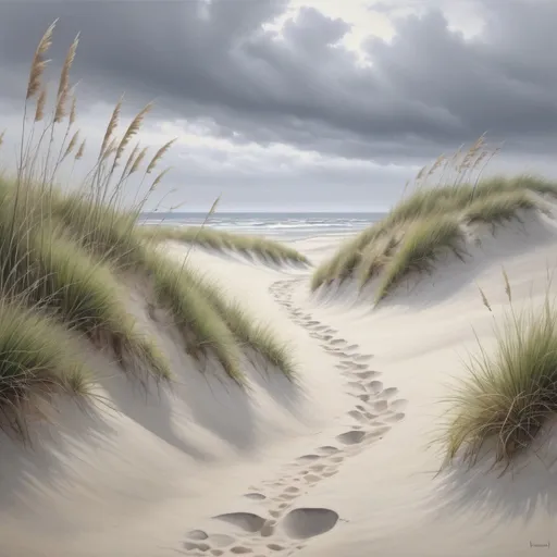 Prompt: create a fullscreen oil paint realistic picture dunes, low waving seagrass, the background is a fading soft grey sky , very detailed