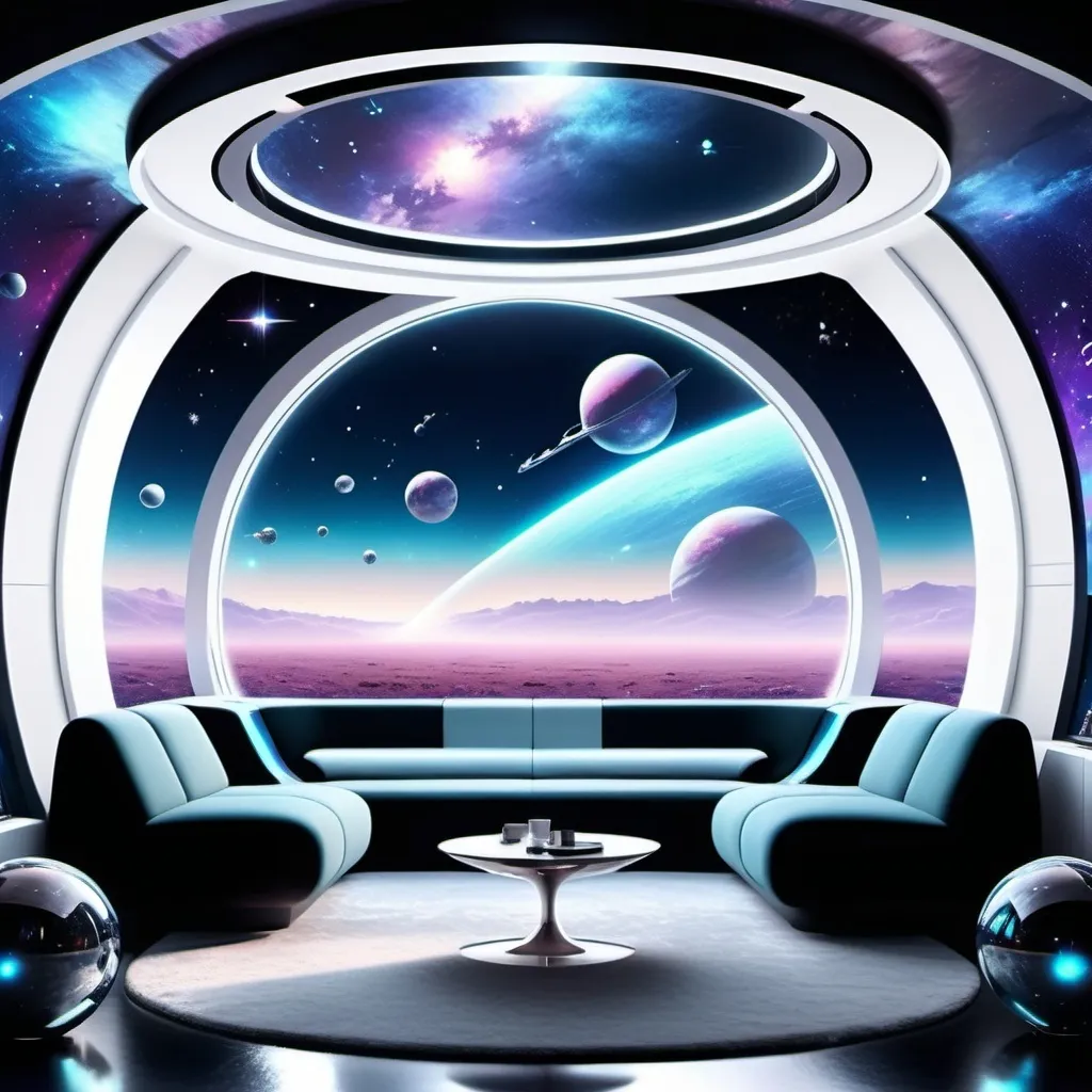 Prompt: (lounge in space), futuristic interior, luxurious seating, soft ambient lighting, (twinkling stars) visible through large windows, (cool tones) interstellar colors, high-tech decor, (ultra-detailed), comfortable atmosphere, minimalist design, cosmic vibes, serene space environment, plush furnishings, dreamy ambiance, panoramic views of the cosmos.