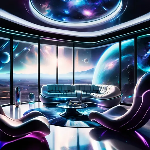 Prompt: (lounge in space), futuristic interior, luxurious seating, soft ambient lighting, (twinkling stars) visible through large windows, (cool tones) interstellar colors, high-tech decor, (ultra-detailed), comfortable atmosphere, minimalist design, cosmic vibes, serene space environment, plush furnishings, dreamy ambiance, panoramic views of the cosmos.