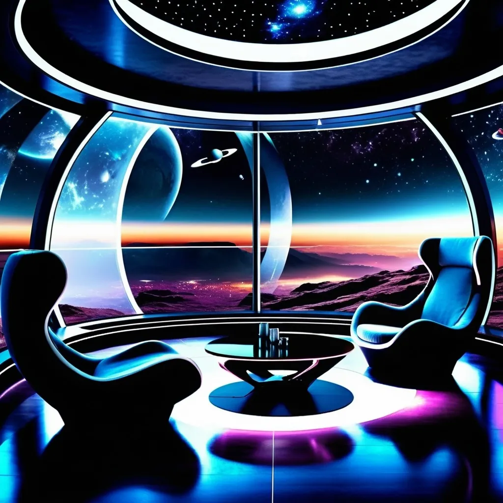 Prompt: (lounge in space), futuristic interior, luxurious seating, soft ambient lighting, (twinkling stars) visible through large windows, (cool tones) interstellar colors, high-tech decor, (ultra-detailed), comfortable atmosphere, minimalist design, cosmic vibes, serene space environment, plush furnishings, dreamy ambiance, panoramic views of the cosmos.