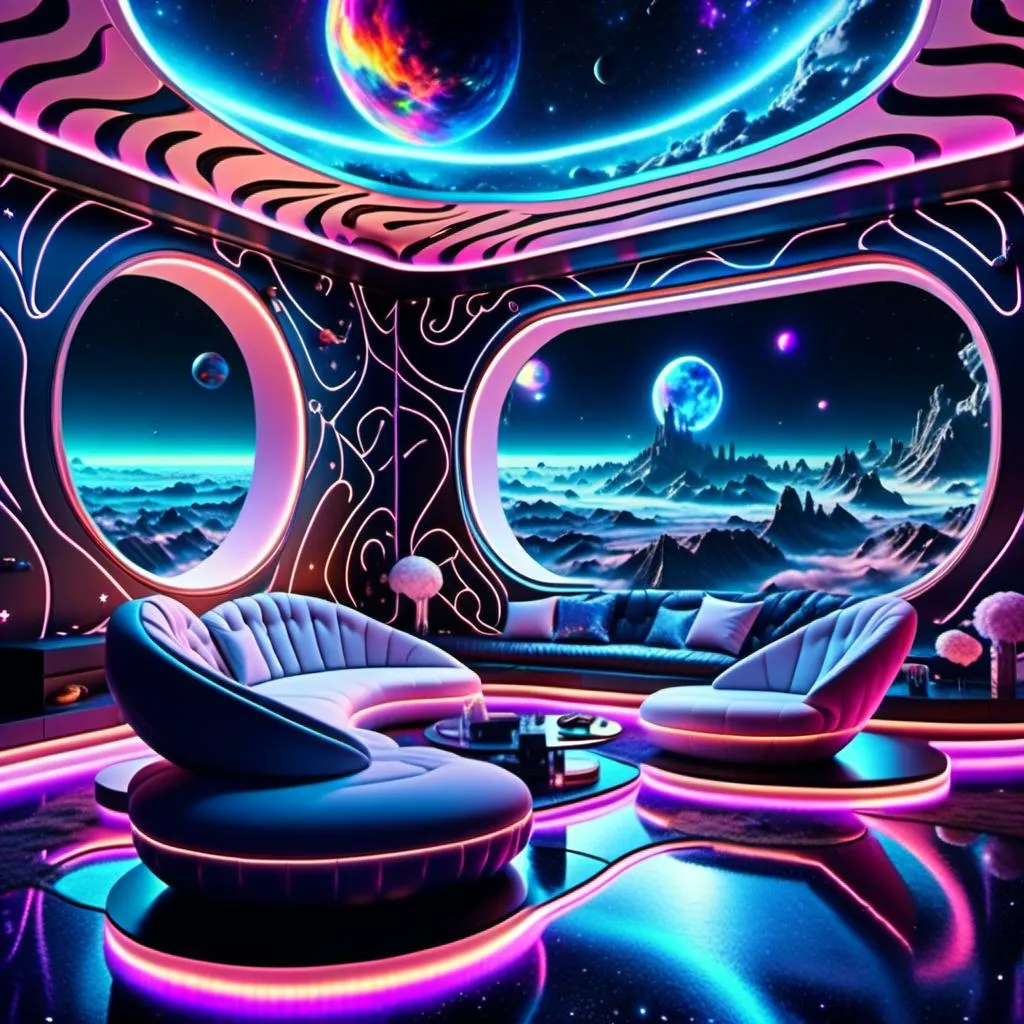 Prompt: <mymodel>synthetic waveform(lounge in space), futuristic interior, luxurious seating, soft ambient lighting, (twinkling stars) visible through large windows, (cool tones) interstellar colors, high-tech decor, (ultra-detailed), comfortable atmosphere, minimalist design, cosmic vibes, serene space environment, plush furnishings, dreamy ambiance, panoramic views of the cosmos.