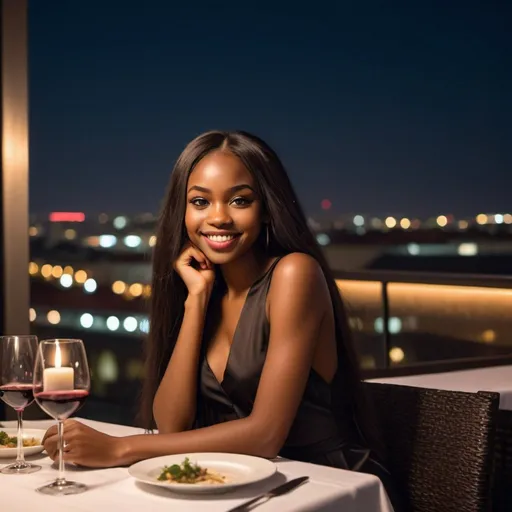 Prompt: romantic rooftop dinner night time cityscape view full photo of a tall African American very dark pretty girl with an attractive smile and really long straight dark hair in an expensive restaurant called VINICITI in all caps