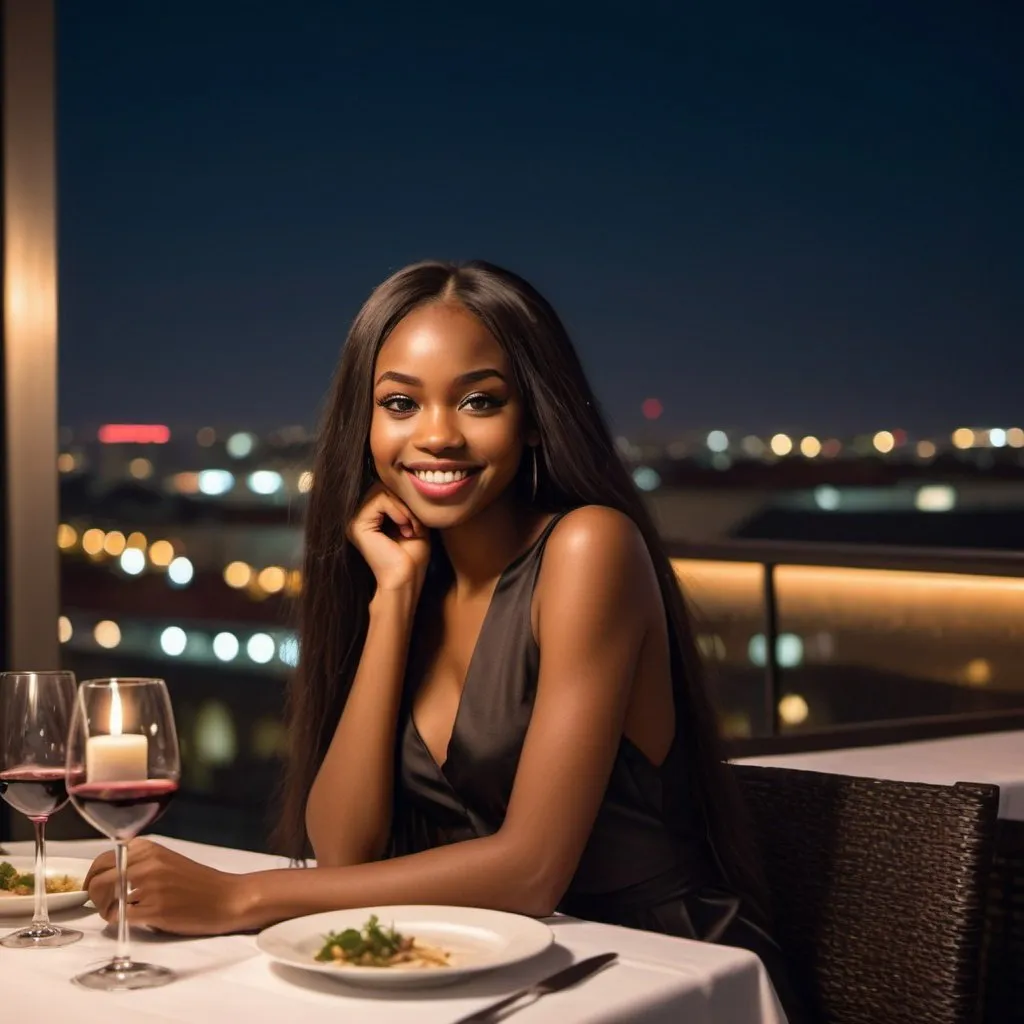 Prompt: romantic rooftop dinner night time cityscape view full photo of a tall African American very dark pretty girl with an attractive smile and really long straight dark hair in an expensive restaurant called VINICITI in all caps