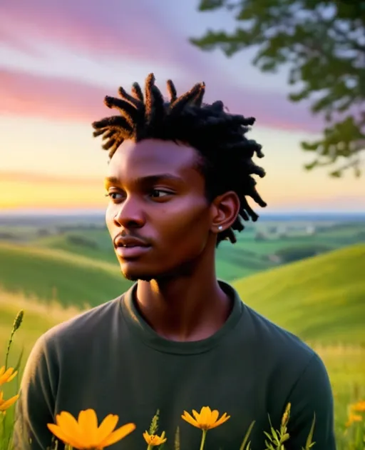 Prompt: In a serene rural landscape at dusk, a grassy hill rises gently against the horizon, bathed in the golden hues of the setting sun. Warm light spills across the undulating fields, casting long, tranquil shadows and illuminating the textures of the landscape. Wildflowers in full bloom sway gently at the hill’s crest, their vibrant colors—crimson, violet, and yellow—standing out against the rich green of the grass. A soft breeze rustles through the scene, bringing a sense of quiet movement. Overhead, a dramatic sky unfolds—a swirling tapestry of purple and orange clouds, painted across the fading daylight. This cinematic moment captures the quiet majesty of nature at day’s end, evoking a deep sense of peace and reflection.