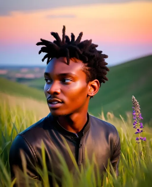 Prompt: In a serene rural landscape at dusk, a grassy hill rises gently against the horizon, bathed in the golden hues of the setting sun. Warm light spills across the undulating fields, casting long, tranquil shadows and illuminating the textures of the landscape. Wildflowers in full bloom sway gently at the hill’s crest, their vibrant colors—crimson, violet, and yellow—standing out against the rich green of the grass. A soft breeze rustles through the scene, bringing a sense of quiet movement. Overhead, a dramatic sky unfolds—a swirling tapestry of purple and orange clouds, painted across the fading daylight. This cinematic moment captures the quiet majesty of nature at day’s end, evoking a deep sense of peace and reflection.