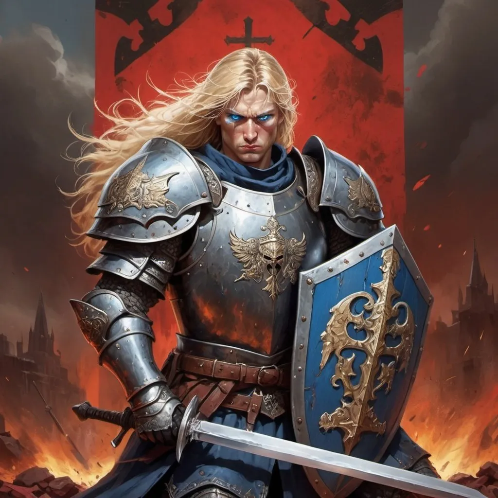 Prompt: Blonde haired blue eyed oath of vengeance paladin. Angry and determined. Black plate mail armor, longsword and shield in hand. Shield elaborately decorated with religious symbols but worn and battered. Red battlefield background. 