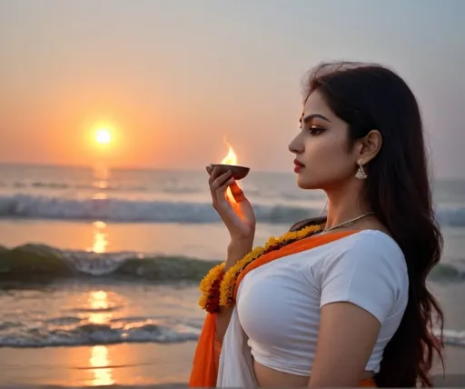 Prompt: A beautiful white tone skin women in a saree worshipping  shiv ling in sea shore during sun setting... 