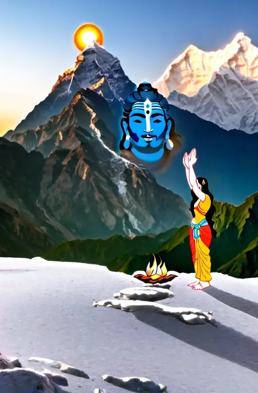 Prompt: Himalaya background with God vishnu worshipping god shiva. 