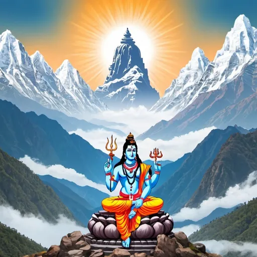 Prompt: Himalaya background with God vishnu worshipping god shiva. 