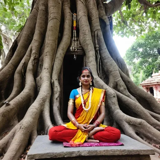 Prompt: Parwati goddess in a Shiva temple under banyan tree 