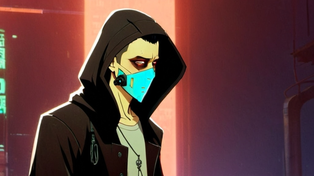 Prompt: a cyberpunk character fittingly named "ghost" with a long hood and a black worn out coat hanging over, , wearing a mask and a cybernetic monocle on his right eye, dark- brown hair