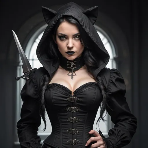 Prompt: black haired female rogue with pointy ears in black victorian corset with lot of pockets and black hood armed with dagger