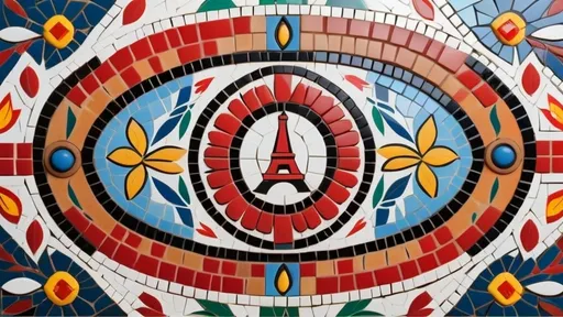 Prompt: mosaic of indigenous style with french symbols included and french culture 