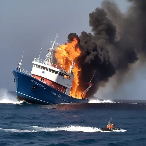 Prompt: Fishing ship burn with 6  person on ship and 1 person are died , 6 person on the sea , one rescue boat are perform search and rescue mission