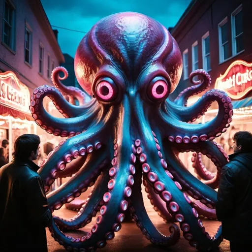 Prompt: Ethereal, giant octopus with glowing pink rings, made from red wood, scarred skin, emo circus carnival, bright blue eyes, people gather in shock to look at the octopus on the street, high quality, fantasy, surreal, dark tones, ethereal lighting