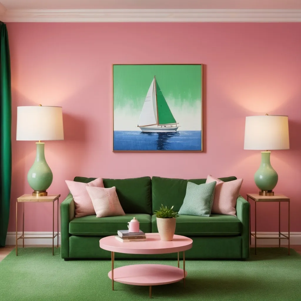 Prompt: The living room features a pink wall with a sailboat painting, green carpet, and a couch with a small side table and a lamp. animated