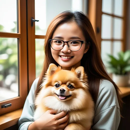 Prompt: (indonesian woman, age 25, wearing glasses), (adorable pomeranian dog, brown fur), warm and inviting atmosphere, cozy home environment, soft natural light filtering through a window, happy and playful expressions, affectionate interaction, ultra-detailed, vibrant colors, high quality, heartwarming connection, showcasing companionship and love between human and pet.