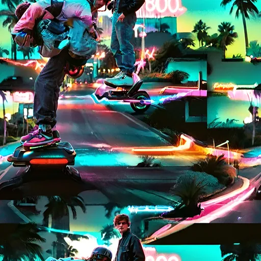 Prompt: retro 80s art, 2 men on hoverboards down a highway with palm trees on the side of the road, retro art, synthwave, city view in the background, highly detailed