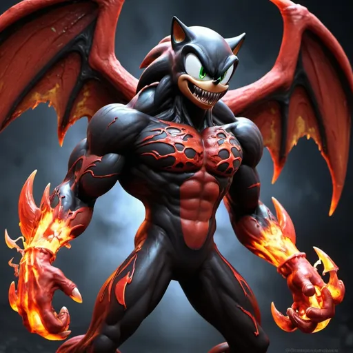 Prompt: Sonic as venom demonic look, dark red, lava skin, lava wings, glowing eyes, muscles