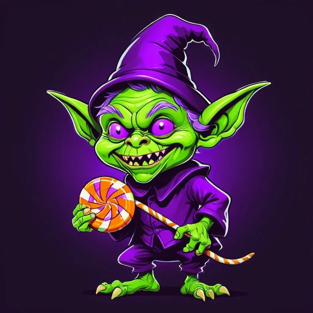 Prompt: neon green scary, funny cartoon goblin dressed in purple, eating halloween candy