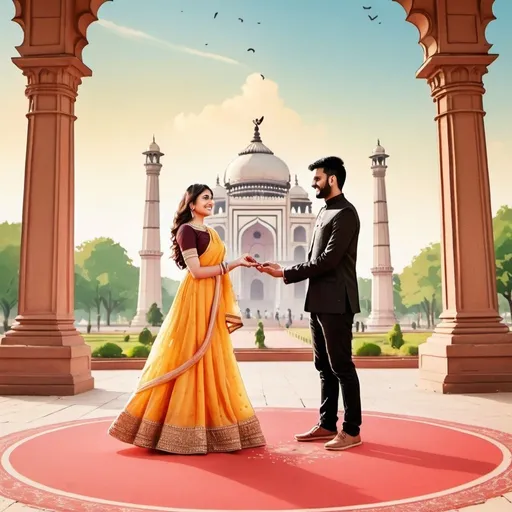 Prompt: engagement card with a couple with lucknow monument background with bright sunny day doing ring ceremony

