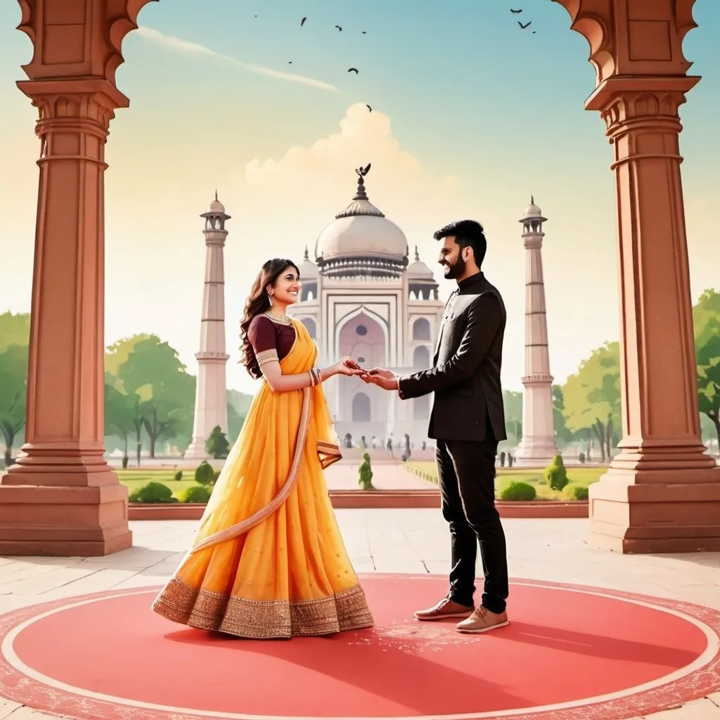 Prompt: engagement card with a couple with lucknow monument background with bright sunny day doing ring ceremony
