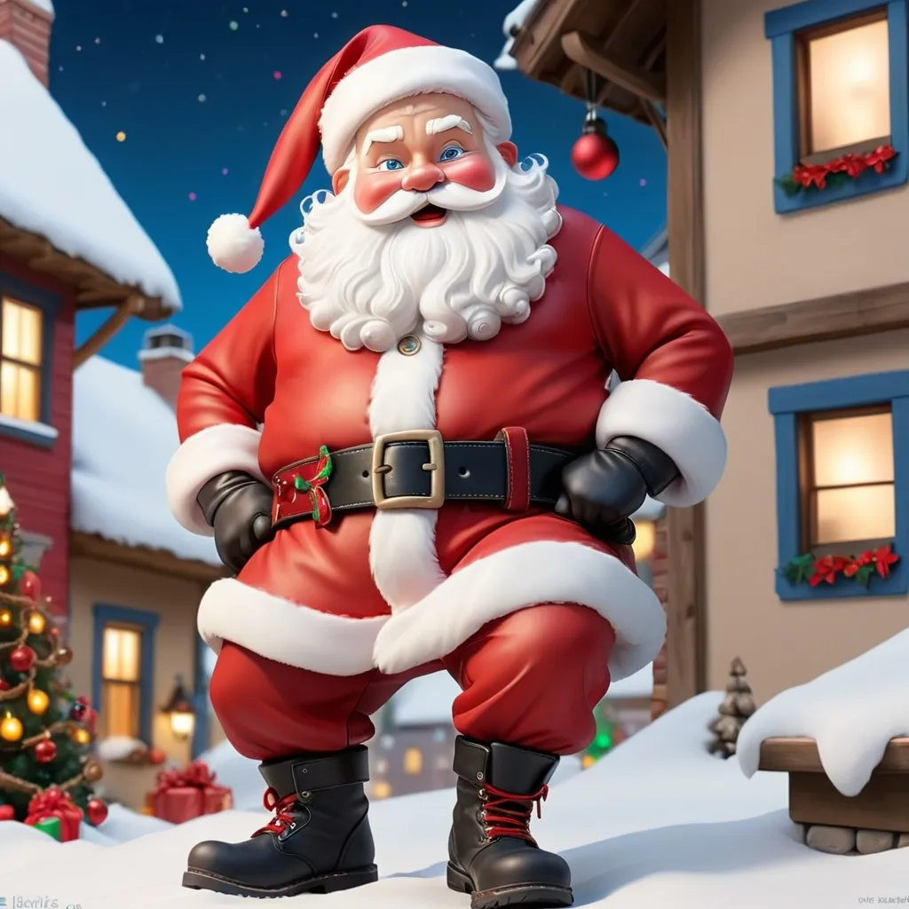 Prompt: Please create a 3d picture of Santa Claus of medium height, medium plump, white beard and mustache, white short curly hair, blue eyes, wearing a red custome, at his waist he is wearing a black leather belt, black shiny boots, climbing down a light brown chimny. The scenery is a middle of a village and the town is decorated with christmas lights and ornaments 