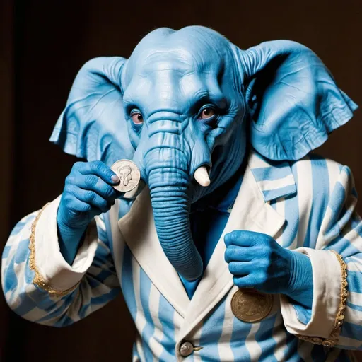 Prompt: an elephant man with blue skin and wearing pajamas is biting a coin