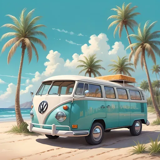 Prompt: Palm Beach with light teal VW Van in the bottom right facing left. CArtoon Style