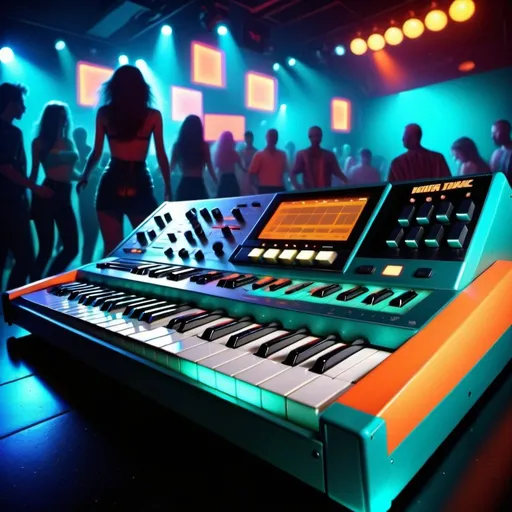 Prompt: The subject of the image is a Korg M1 synthesizer. The synthesizer is flat and has no knobs or faders, very sleek. The background with a nightclub scene from the late 80's. In the background there are lots of beautiful people dancing in neon clothing, but there are no people focused on. 4k, lots of detail, hyper realistic. Teal and orange color scheme. 