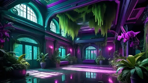 Prompt: (abandoned nightclub), lush plants cascading from the ceiling, vibrant greenery intertwining with opulent architecture, (lavish details), dramatic contrast of dark violet orchid colors and eye-catching teal highlights, shadows creating a mysterious ambiance, (4K), ultra-detailed, immersive atmosphere evoking a sense of nature reclaiming a forgotten space.