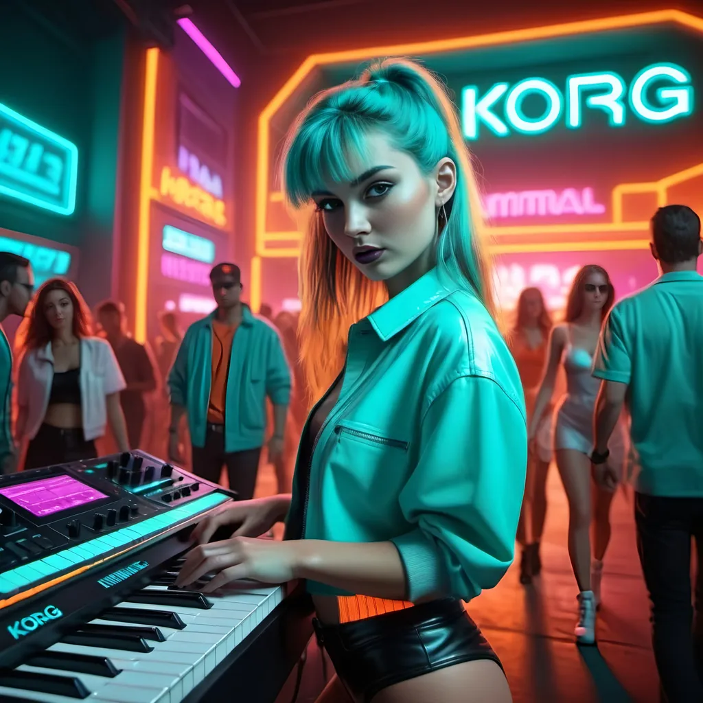 Prompt: The image is focused on a Korg M1 synthesizer. The background with a nightclub scene from the late 80's. Lots of beautiful women in neon clothing. 4k, lots of detail, hyper realistic. Teal and orange color scheme. 