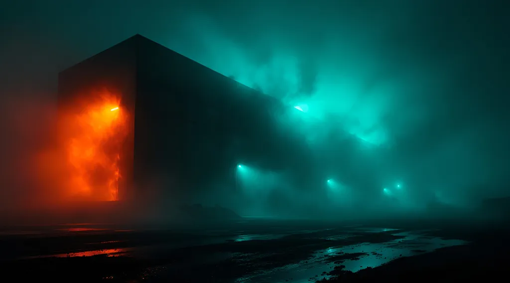 Prompt: Dark brutalist warehouse at night, glowing intensely red on the left and emerald-teal on the right, surreal dimension, dense fog enveloping surroundings, enchanting bokeh enhancing depth and atmosphere, stark contrasts of light and shadow, mysterious and foreboding vibe, cinematic composition, 4K ultra-detailed, high contrast lighting, atmospheric mood, captivating visual tension.