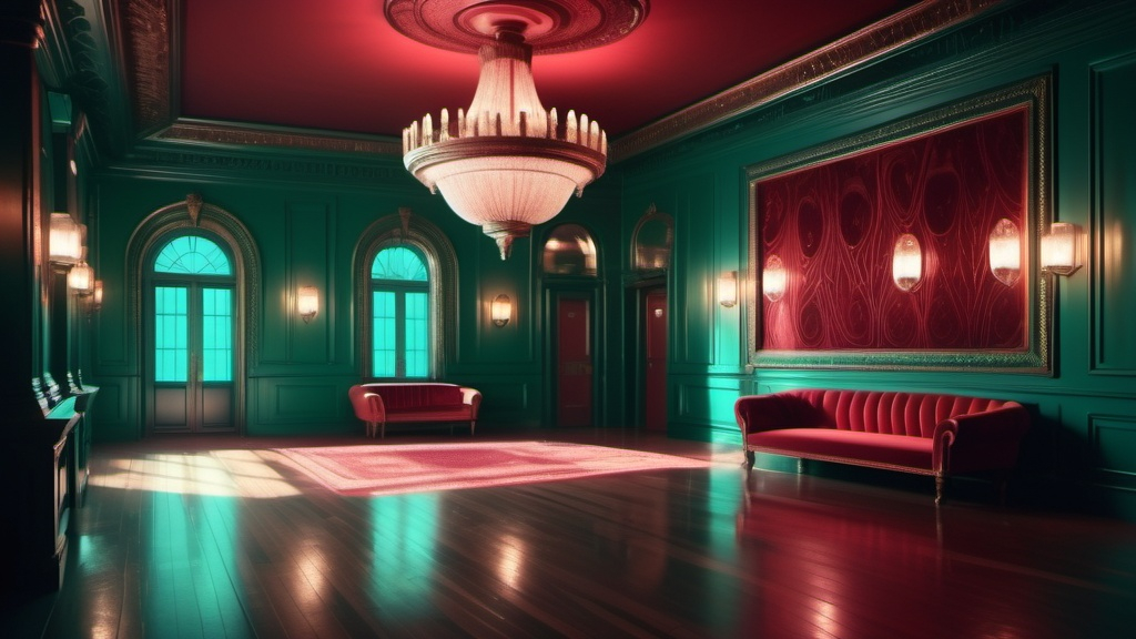 Prompt: (empty nightclub scene), (luxurious 1920s decor), extravagant and sophisticated design, vivid red hues on the left transitioning into emerald teal on the right, high depth cinematic atmosphere, moody yet inviting ambiance, intricate detailing in the furnishings, ornate light fixtures, polished wooden floors reflecting light, 4K ultra-detailed visuals, inviting emptiness suggesting opulence and exclusivity.