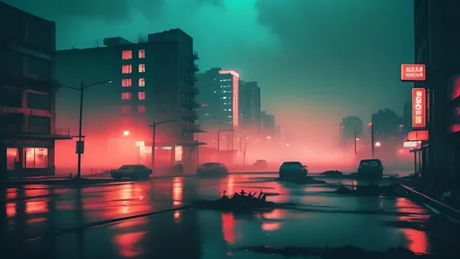 Prompt: (vivid violet red color scheme), (burnt orange highlights), (only a few emerald teal highlights), post apocalyptic city sinking into ocean at night, 90's style, analog photography, dusty polaroid aesthetic, high saturation, gritty and photorealistic, dirty film look, abundant bokeh effects, immersive moody fog, dramatic lighting, 4K resolution, capturing the edgy atmosphere of a nostalgic era, emphasizing shadows and intricate details.