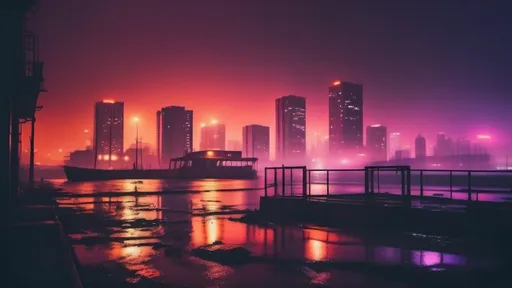 Prompt: (vivid violet red color scheme), (burnt orange highlights), post apocalyptic city sinking into ocean at night, 90's style, analog photography, dusty polaroid aesthetic, high saturation, gritty and photorealistic, dirty film look, abundant bokeh effects, immersive moody fog, dramatic lighting, 4K resolution, capturing the edgy atmosphere of a nostalgic era, emphasizing shadows and intricate details.