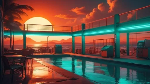 Prompt: photorealistic, synthewave beach and sunset, vibrant industrial atmosphere, neon lights casting dramatic shadows, vintage 1991 aesthetics, vivid emerald teal and burnt orange color scheme, energetic movement, HD ultra-detailed imagery, atmospheric smoke adding depth to the scene.