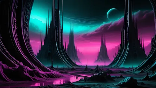 Prompt: (achromatic landscape), (HR Giger style), alien landscape, vivid teal and magenta color scheme, dark atmosphere, night setting, exaggerated details, imposing abandoned towers, fog blankets, towering monoliths, dark sky filled with stars, surreal environment, ultra-detailed, airbrush style, 4K resolution, mysterious vibe, foreboding yet captivating scene.