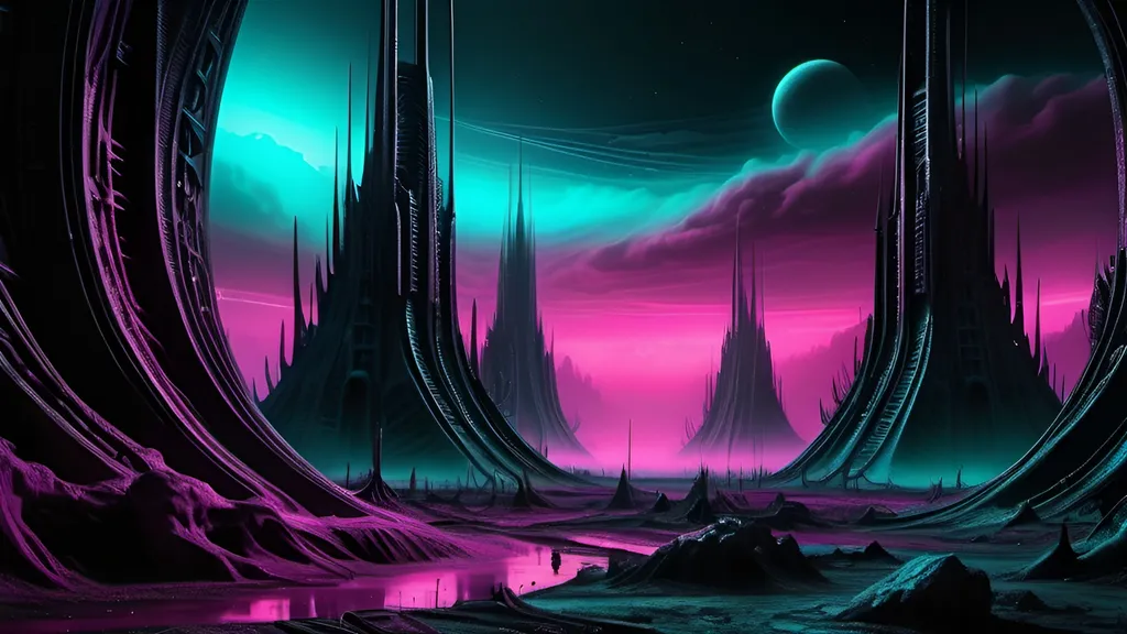 Prompt: (achromatic landscape), (HR Giger style), alien landscape, vivid teal and magenta color scheme, dark atmosphere, night setting, exaggerated details, imposing abandoned towers, fog blankets, towering monoliths, dark sky filled with stars, surreal environment, ultra-detailed, airbrush style, 4K resolution, mysterious vibe, foreboding yet captivating scene.